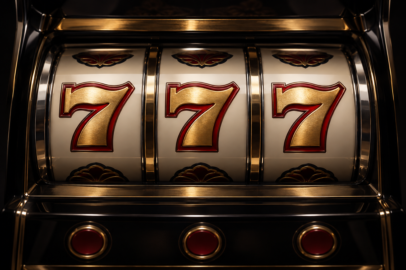 黒と金のパチスロ筐体。3本のリールに金色と深紅の777が揃うイメージ